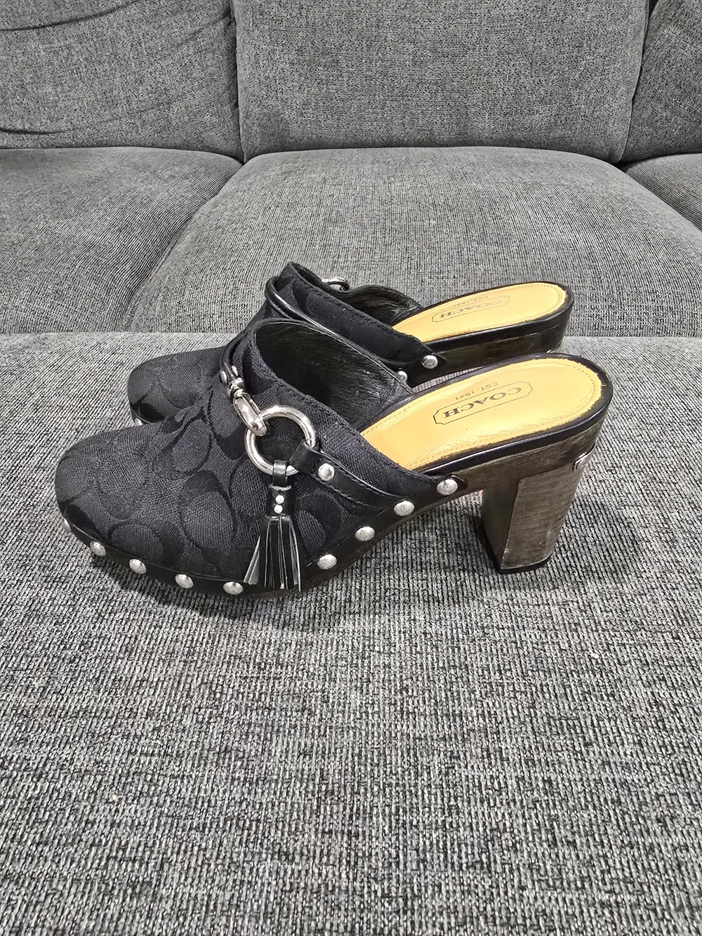 Coach Black Signature Clog Heels with Tassel & Stud Detail